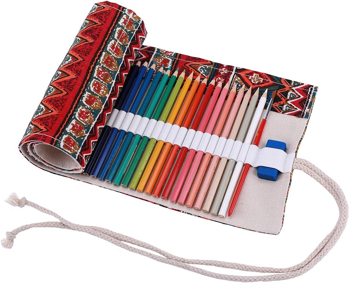 Amoyie met de hand oprolbare pen tas canvas organizer tas voor 36 kleurpotloden kunstenaar pen draagtas potlood etui voor kinderen volwassen
