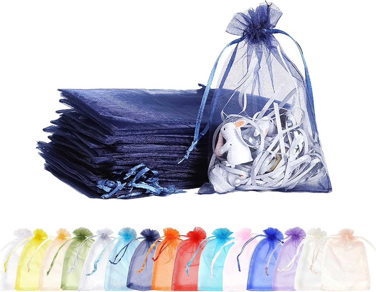 100 stuks, 10 x 15 cm, marineblauw, organzazakjes, cadeauzakjes met trekkoord, voor bruiloft, sieraden en snoep