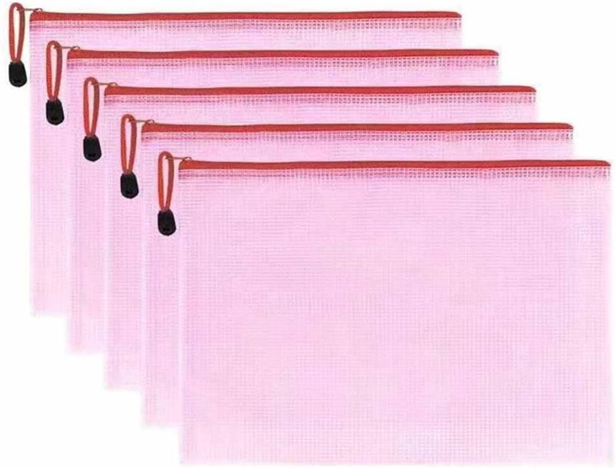 5 stuks documentenvakken met ritssluiting, pvc-kunststof, ritsvak, transparant, waterdicht, mesh, documentenmap, bestandsvakken voor papier, documenten, factuur, A5, rood