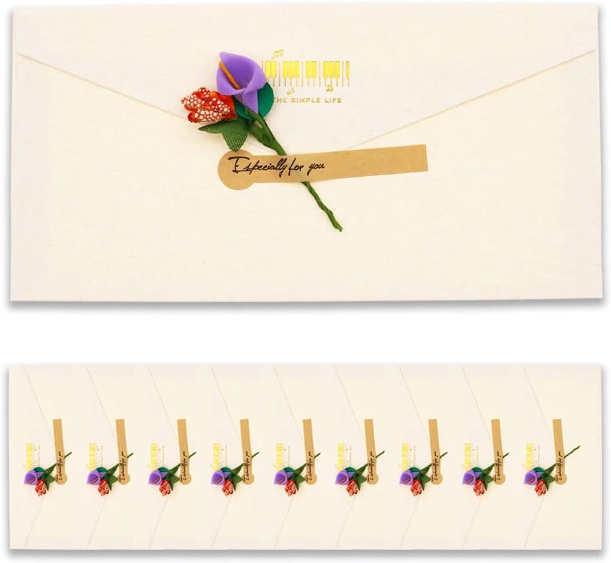 10 stuks vintage kraftpapieren enveloppen met wenskaarten, handgemaakte gedroogde bloemen en stickers, voor verjaardag, bruiloft, Kerstmis, uitnodigingen ansichtkaarten, bedankkaarten (niet recht wit)