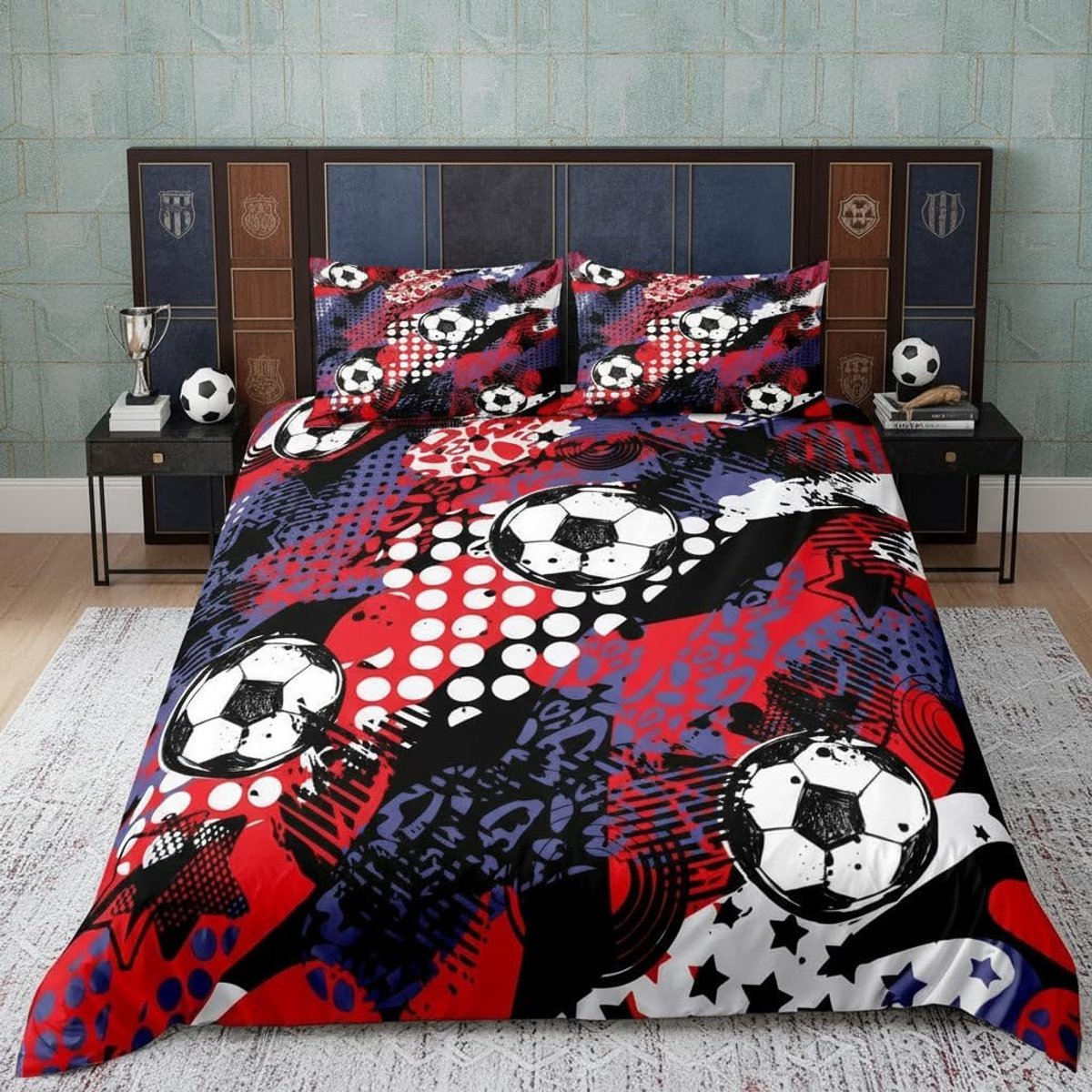 Beddengoedset, rood graffiti, hiphop bal, sport, 155 x 220 cm, voetbal, spel beddenset voor kinderen, jongens, meisjes, tieners, 2 stuks, ritssluiting, microvezel