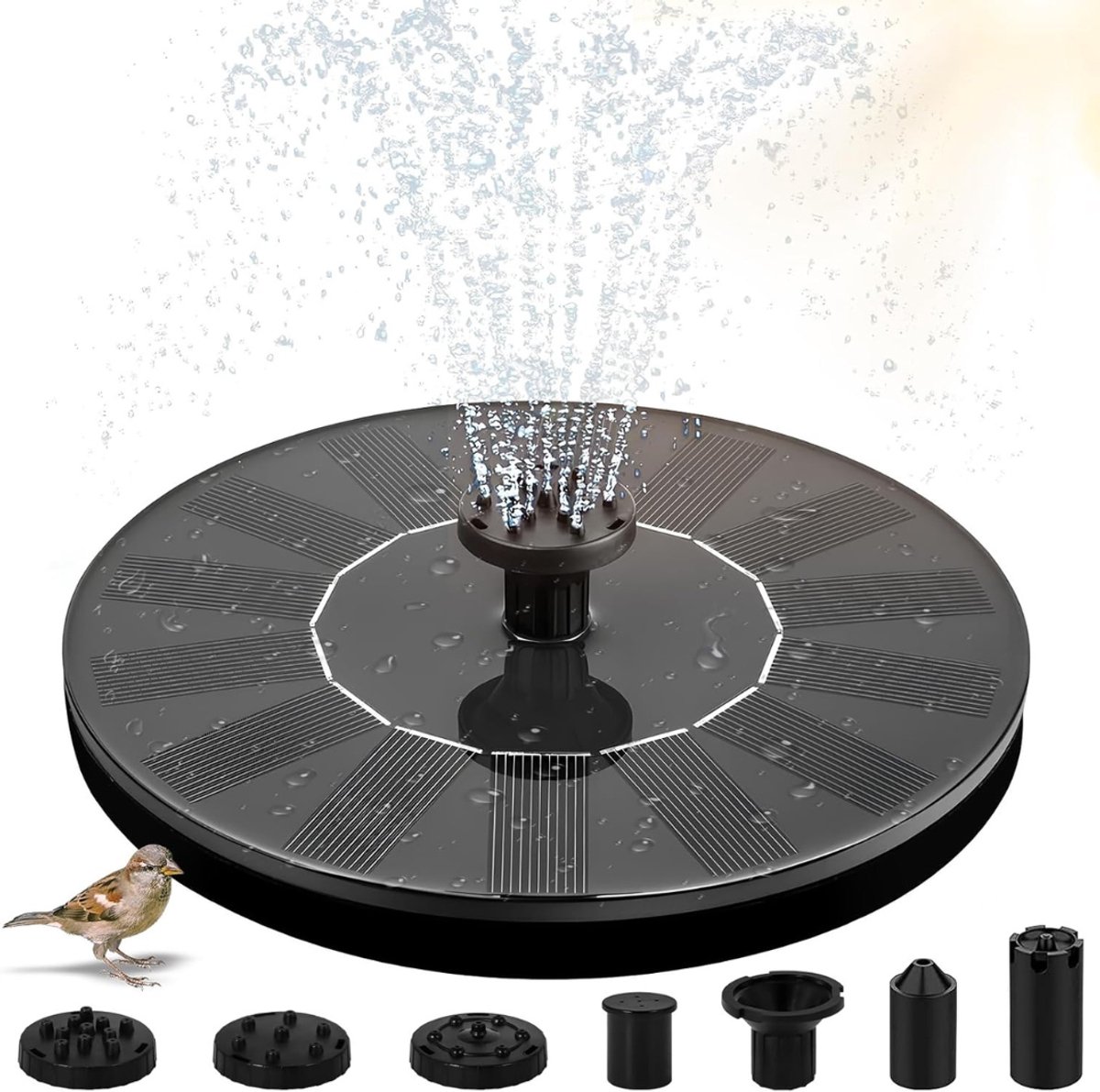 QUOVO® Fontein op Zonne Energie - Vijver Tuindecoratie Zwembad Fontein - Vogelbadje Met 7 Effecten - Milieuvriendelijke Fontein – Tuindecoratie – Zwart - 16cm x 16cm x 16cm