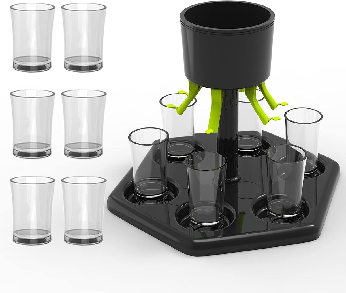 Borreldispenser met 6 Glazen - Doorzichtig - Klein Formaat - Voedselveilig Kunststof - Voor Feestjes en Borrelavonden