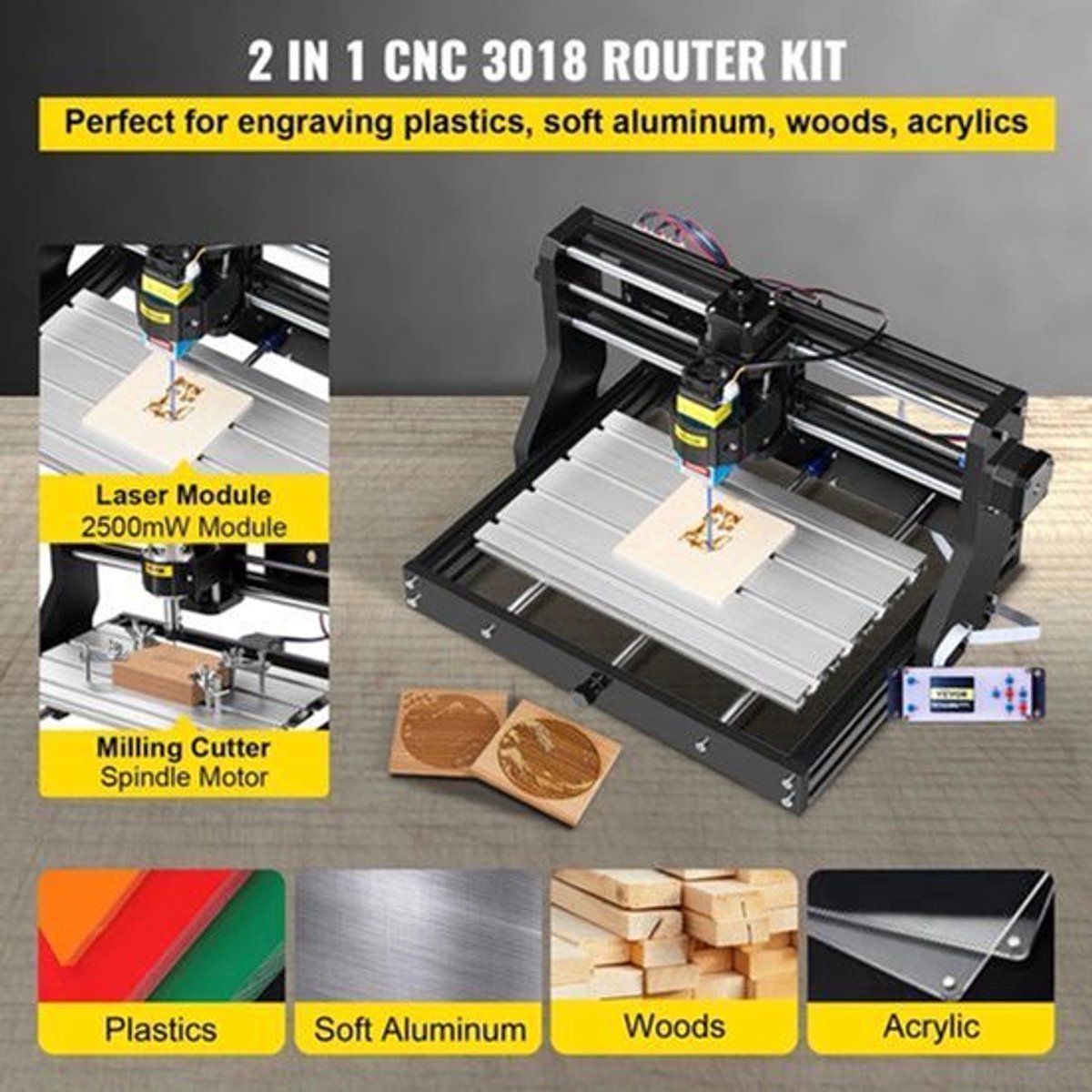 Laser graveermachine - Lasersnijmachine - Lasergraveren - Lasersnijmachine - 3018 PRO 2,5W Laser - met Lasermodule 3-assig - voor doe-het-zelf houtbewerking