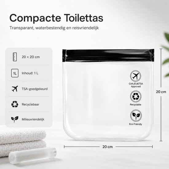Een transparante toilettas met zwarte rits, 20x20cm, met TSA-goedkeuring en recyclebaar icoon.