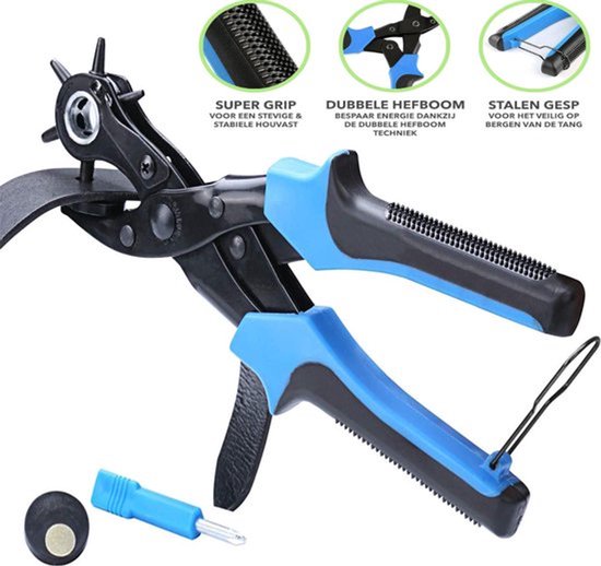Zwarte en blauwe gaatjestang met antislip handgrepen en dubbele hefboom. Met een riem in een van de gaten. De tang heeft een stalen gesp.