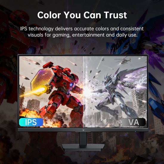 Monitor met IPS technologie, toont een gevecht tussen een rode en blauwe robot. Kleuren zijn accuraat.
