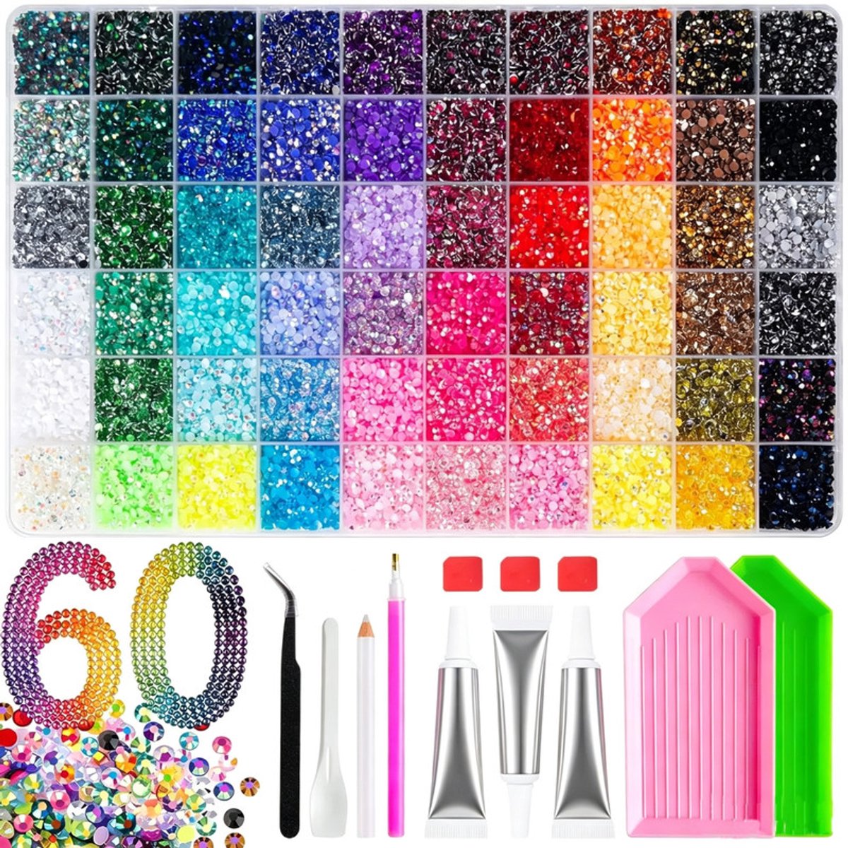 Luxe Strasssteentjes Set - 48.000 stuks - 3 mm - Sprankelende strass-steentjes - Platte strass-steentjes set - DIY decoratieset - Nail art strass-set - Geschikt voor nail art, kleding en knutselprojecten - Inclusief pincet, een diamantzetpen en lijm