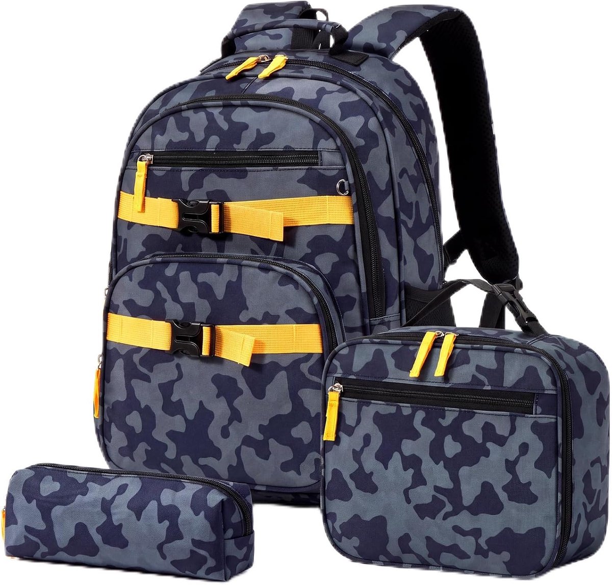 Schooltassenset jongens 3-delig voor basisschool, ergonomische schoolrugzak met etui & lunchtas, lichte kinderrugzak voor 1-5e klas met borstband en reflectoren, camouflagegroen