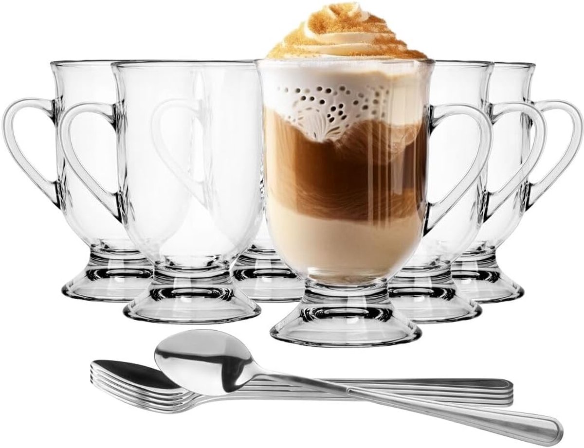 1992 glazenset koffieglazen met handvat handvat en latte lepels 6 stuks 380 ml koffie thee latte glas theekopjes glazen kopjes drinkglas vaatwasmachinebestendig Elton