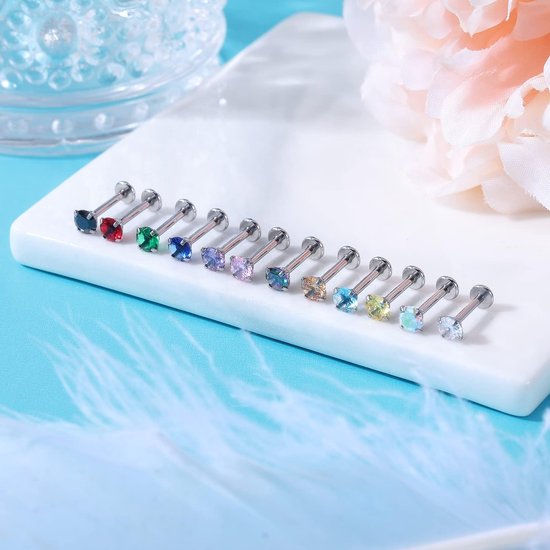 16G Rvs Pushin Lip Rings, Kleurrijke CZ Forward Helix Oorbel, Lengte 6/8/10mm Labret Monroe Medusa Piercing Sieraden voor Vrouwen Mannen, Roestvrij staal Kristal, Kubieke zirkonia — afbeelding 2