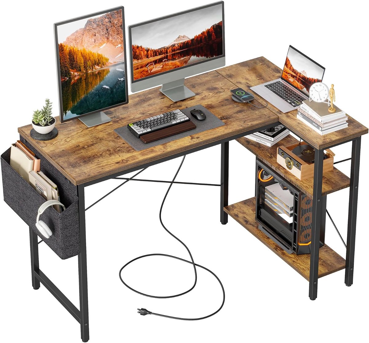 L-vormig gamingbureau, computerbureau van 120 x 70 cm met opbergtas, kantoorbureau, kleine schrijftafel met grote omkeerbare opbergplanken, werkstation voor studie, spelen, werk, thuiskantoor