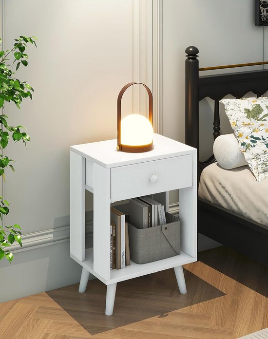 Set van 2 nachtkastjes, bijzettafel, nachtkastje, stoffen lade, open rek, massieve houten poten, modern, eenvoudige structuur, voor slaapkamer, woonkamer, wit HST012W-2 — afbeelding 4