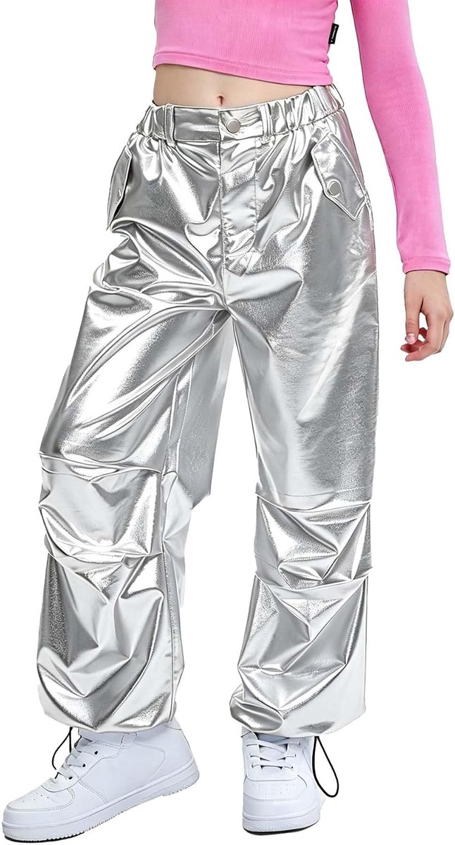 Glanzende metallic dansbroek voor kinderen, retro, hiphop, dansoutfit, losse pasvorm, cargobroek, elastische taille, streetwear voor 6-13 jaar