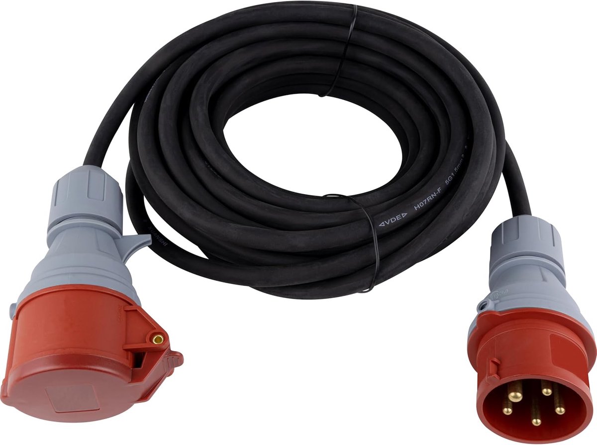 Verlengkabel voor buiten, IP44, sterke stroomkabel 10 m, 11000 W, 400 V, zwart