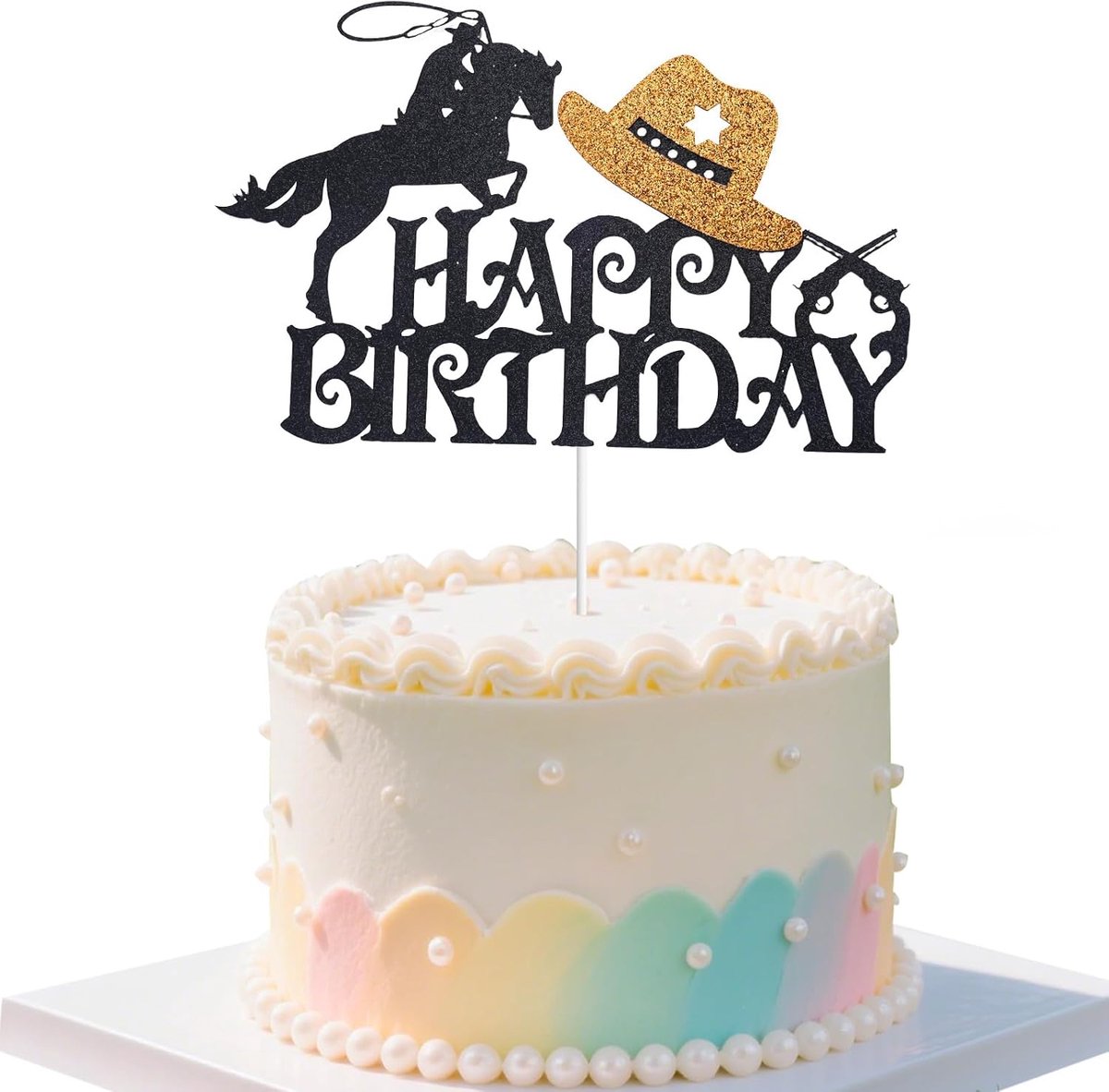 Cowboy Happy Birthday Taarttopper, Glitter Taartdecoratie met Western Thema Hoedbord Perfect voor Jongens en Meisjes Benodigdheden voor Een Verjaardagsfeestje