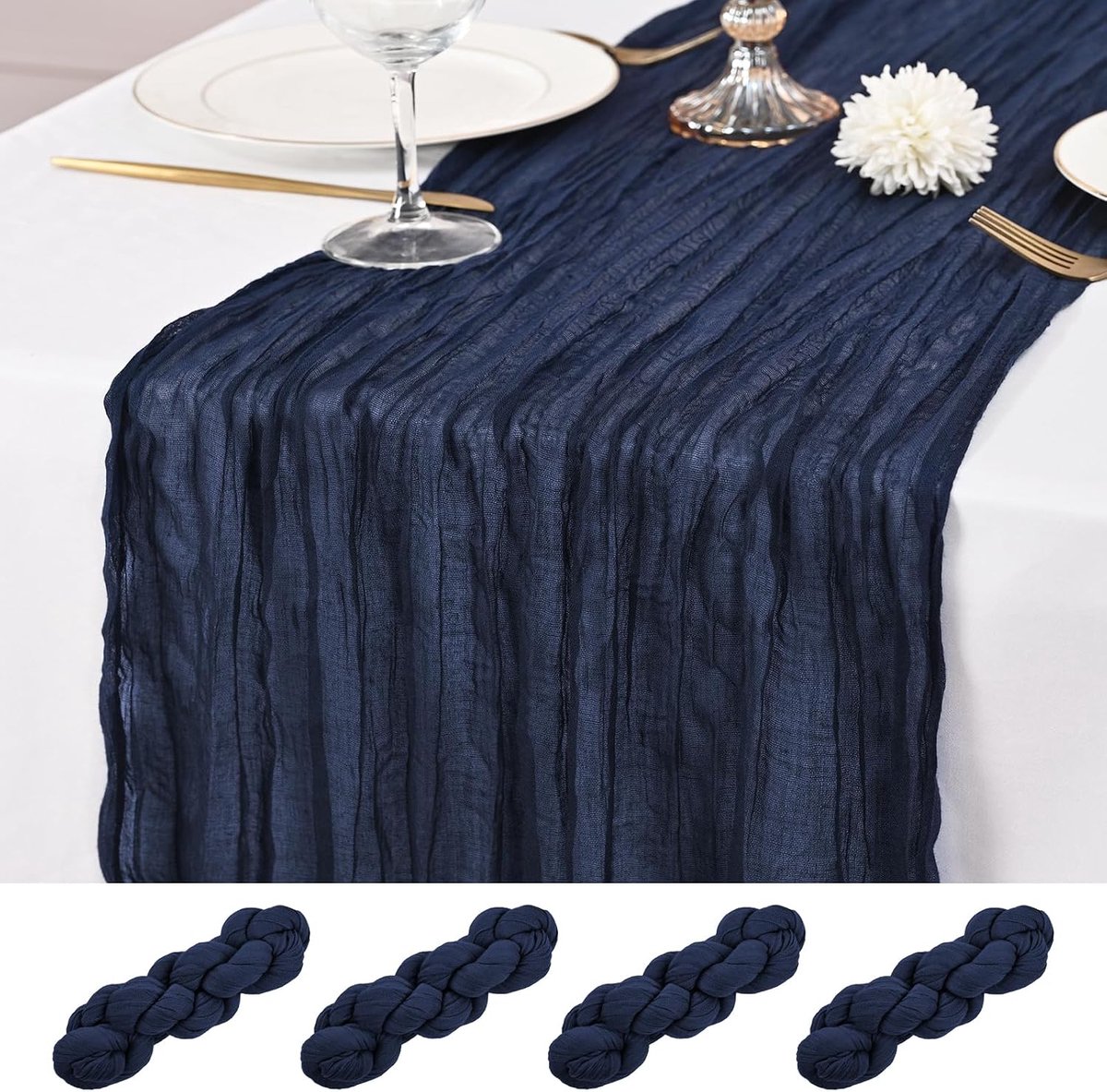 4 stuks marineblauwe kaasdoek tafelloper, 21 x 120 inch/53 x 304,8 cm (21 x 120 in), blauwe tafelloper, rustiek gaas, romantische lange doorschijnende stof, 21 m kaasdoek, tafellopers voor