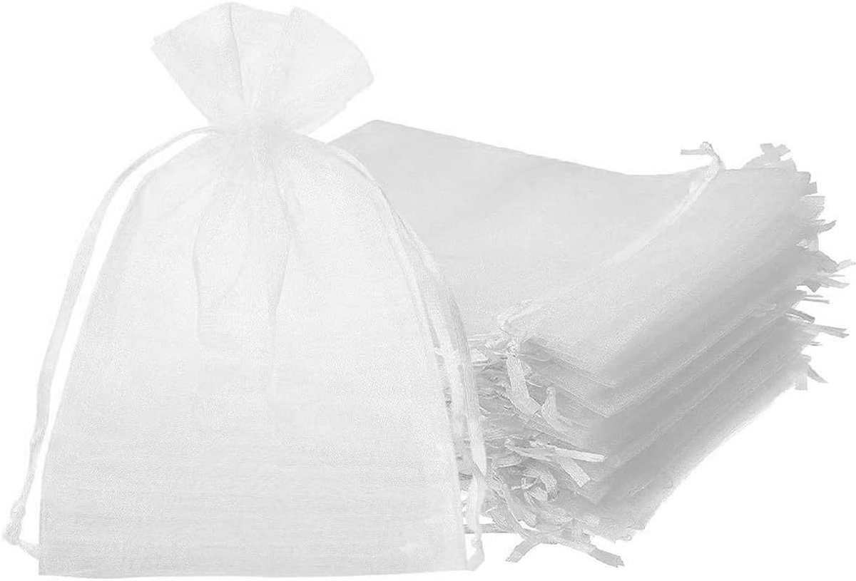 Verpakking met 100 organzazakjes, 18 x 13 cm, zakjes met trekkoord, cadeauzakje, wit cadeau, organzazakje, voor bruiloften.