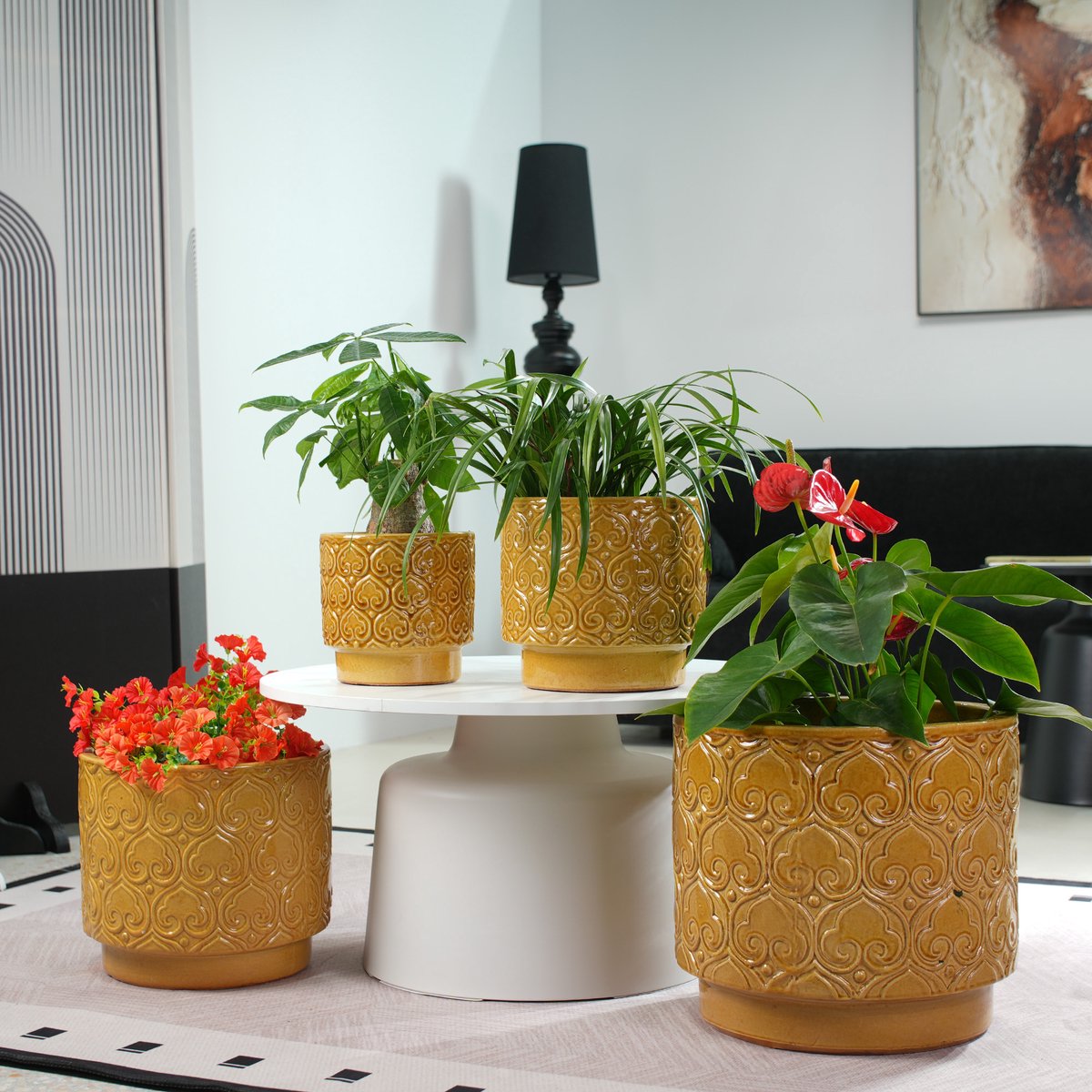 DESMIU Keramiek Bloempot – Handgemaakt En Glanzend – Ø 38 Cm – Keramiek – Geel – Voor Binnen En Buiten – Met Afwateringsgat En Voet