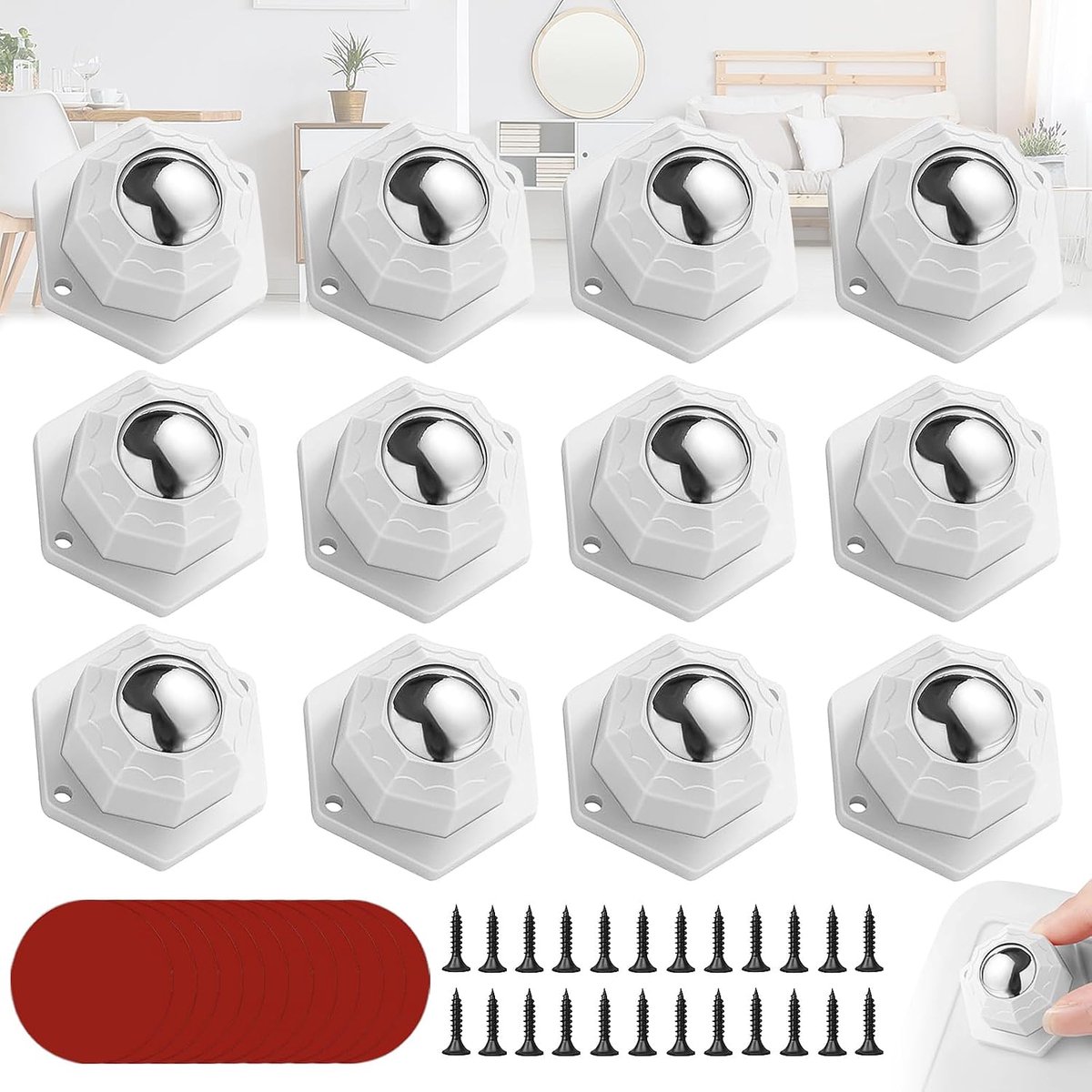 12 Stuks Zelfklevend Wiel, 360 Graden Kogelwielen voor Meubels, Mini-Kogelwielen, Met Schroeven en Dubbelzijdige Tape, Voor Tafels, Nachtkastjes, Vuilnisbakken(Wit, 3,7 x 2,3 cm)