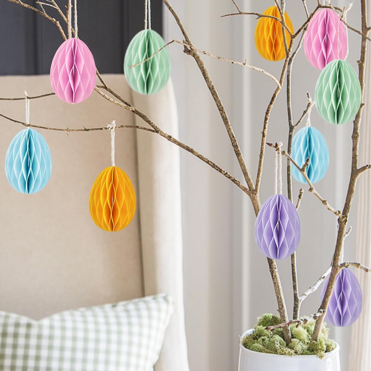 Paaseieren om op te hangen, 10 stuks, kleurrijke paaseieren, decoratie, dik papier, honingraat, eieren decoratie met koord, paasdecoratie voor kleuterschool, school, winkelcentrum, decoratie,