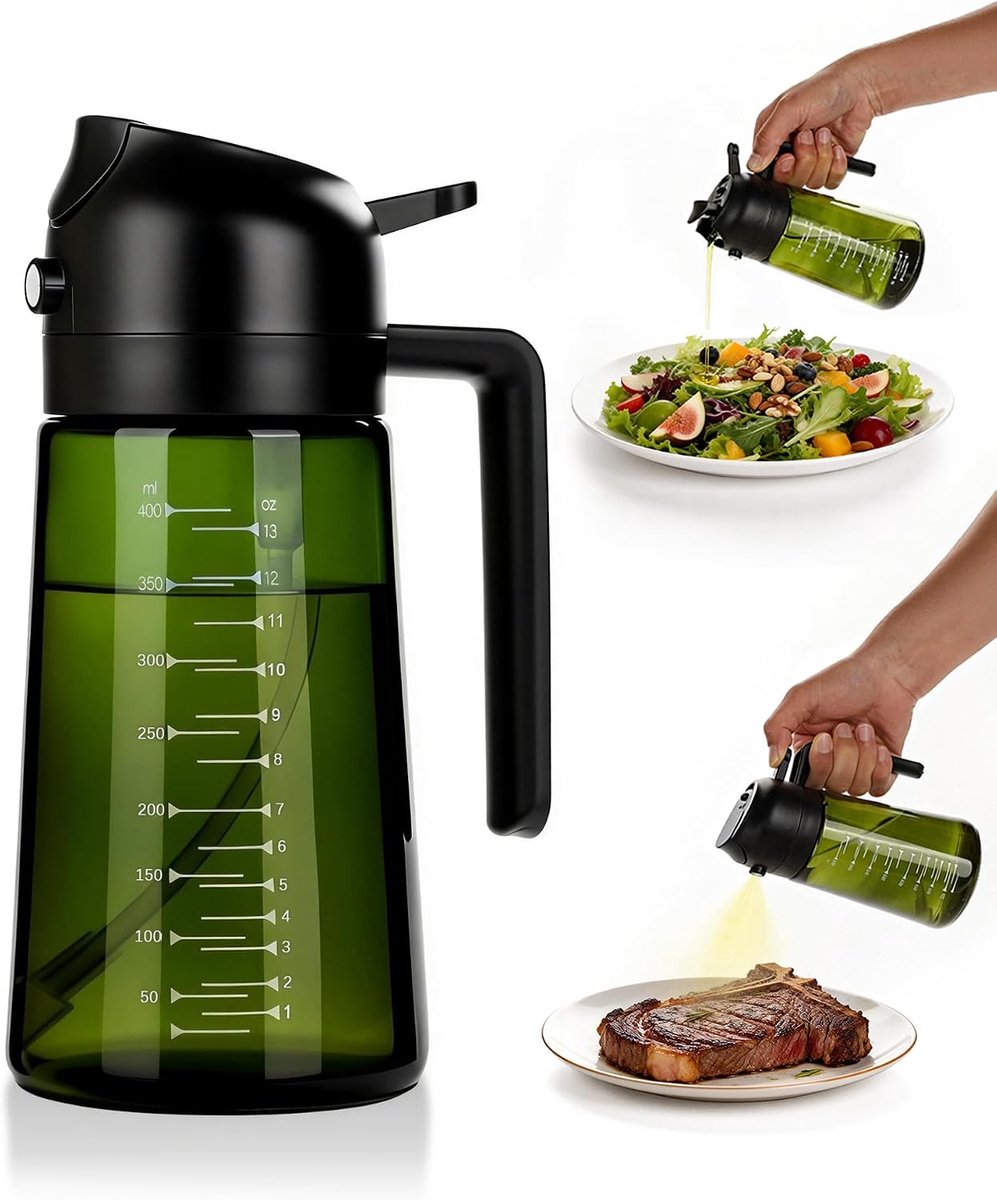 Oliedispenser 470ml, 2-in-1 Dispenser en Spray - Zwart | Olijfolie Dispenser en Olie Sproeier, Oliefles, voor Keuken, Air Fryer, Barbecue, Salades