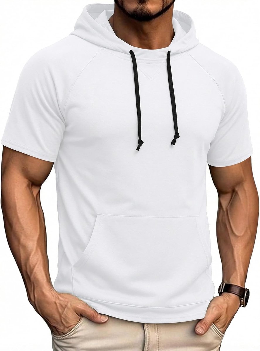 Heren Hoodie met Korte Mouwen Oversized Voor Vrije Tijd en Gym Muscle Shirt Zomerse Basic Tops met Capuchon | Stretch fit, Ademend, Vochtafvoerend, Korte mouwen, Capuchon met trekkoord, Kangoeroezak