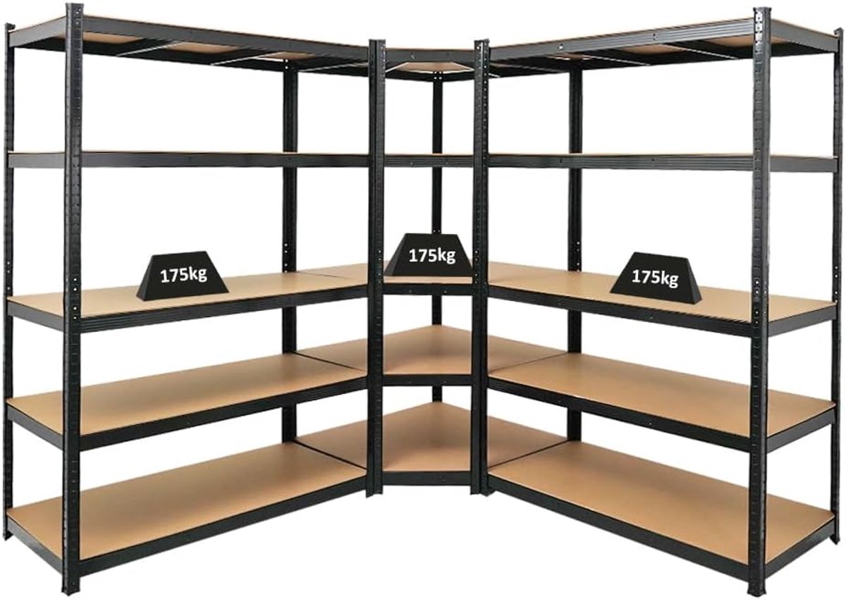 Mega Deal Ragnar 1 x hoekrek + 2 x rek voor zware lasten, hxbxd, 180 x 210 x 60 cm, werkbelasting 175 kg, zwart, kelderrek, steekrek, garagerek, opbergrek