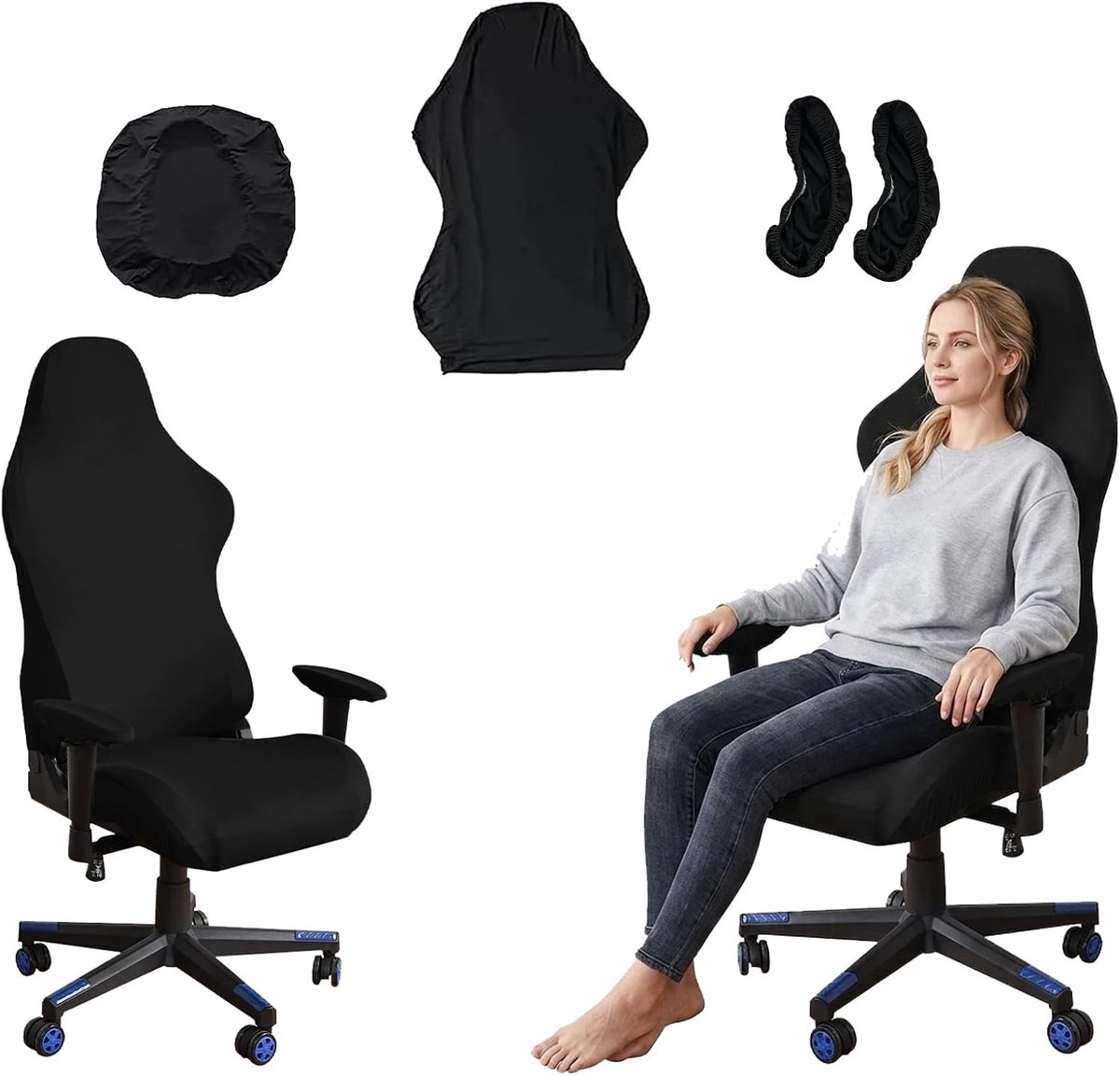 4 stuks gaming-stoelhoezen, bureaustoelhoezen, elastische stoelhoezen voor gaming-stoelen, wasbaar, met armbescherming, voor bureaustoel, gamingstoel (zwart)