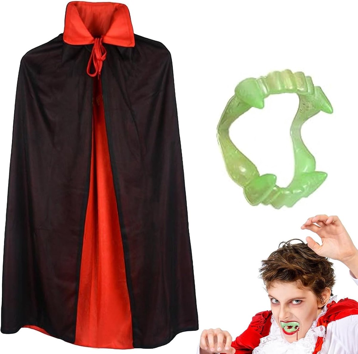 Halloween met tanden, cape voor Halloween, kinderen, opstaande kraag, verstelbaar, vampierkostuum voor kinderen, dubbelzijdig, zwart en rood, voor themafeesten, rollenfeesten