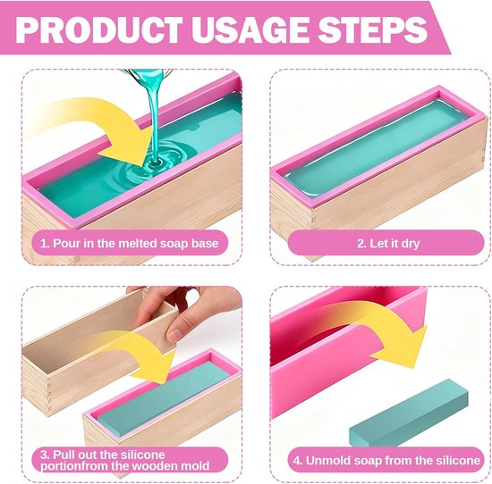 4 stuks, 1200 ml, zeepvorm met houten doos, rechthoekige zeepvormen, siliconen vorm, zeepvorm, geschikt voor zeep of toastcake (roze) — afbeelding 5