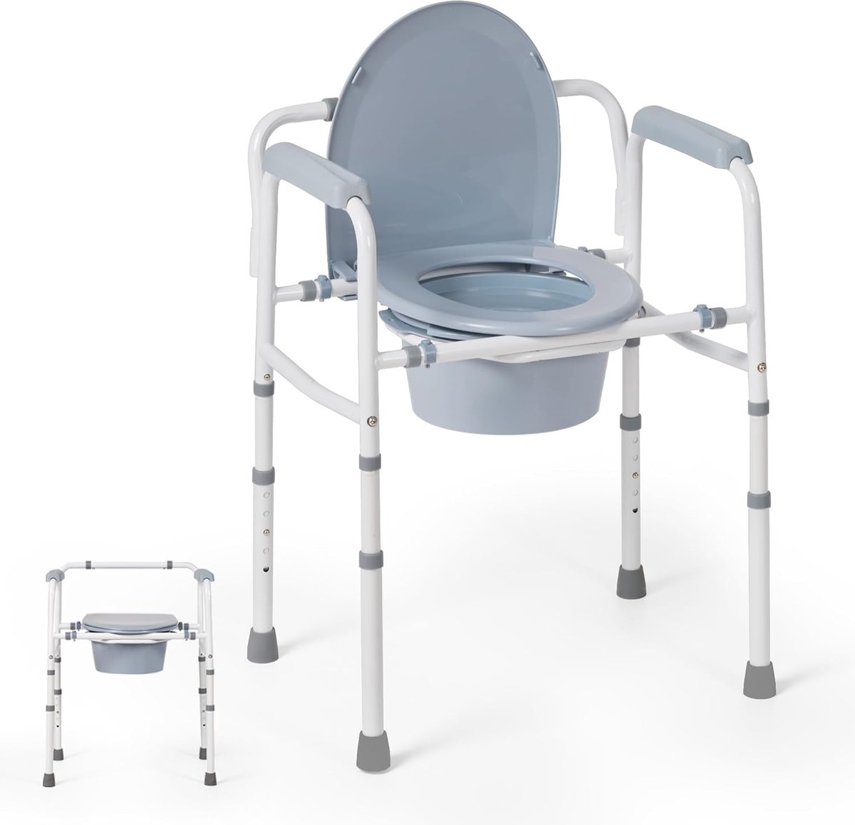 Commode with Armrests, Steel, 5 Heights, 136 kg, 7.1L Container | Steel commode, armrests, 5 ht, 136kg, 7.1L bucket, portable, seniors/mobility-impaired.