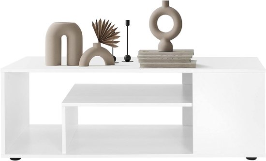 Salontafel in wit 110 x 50 x 41 cm, Ruime salontafel met 4 planken op 3 niveaus, Moderne sofatafel met veel opbergruimte, Houten bijzettafel, Salontafel Houten tafel — afbeelding 5