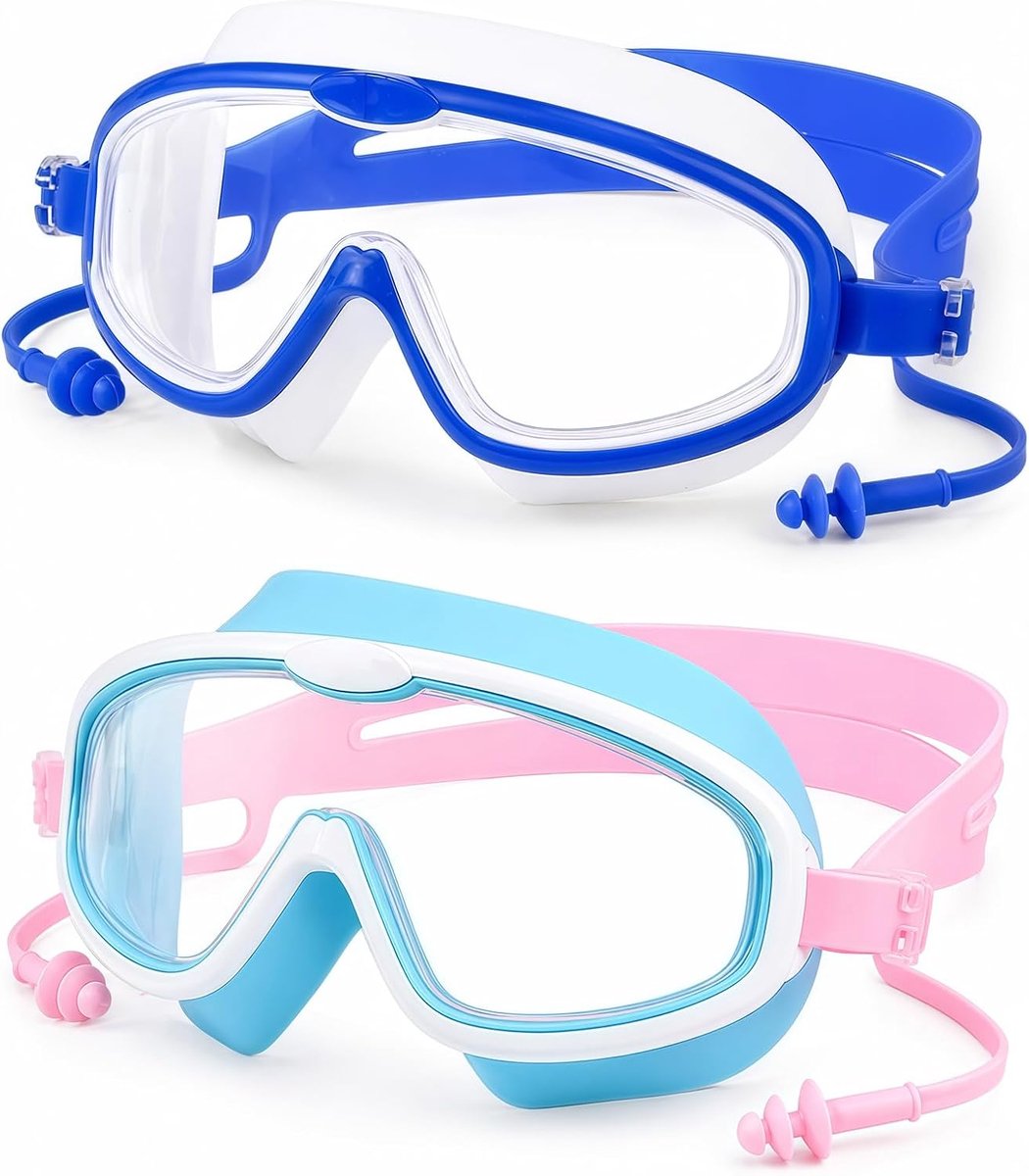 2 stuks kinderzwembril met groot frame, groothoek-duikmasker, anti-condens-duikbril, uv-bescherming, siliconen afdichtring, neutrale zwembril, geschikt voor kinderen en jongeren van 3 tot 12 jaar