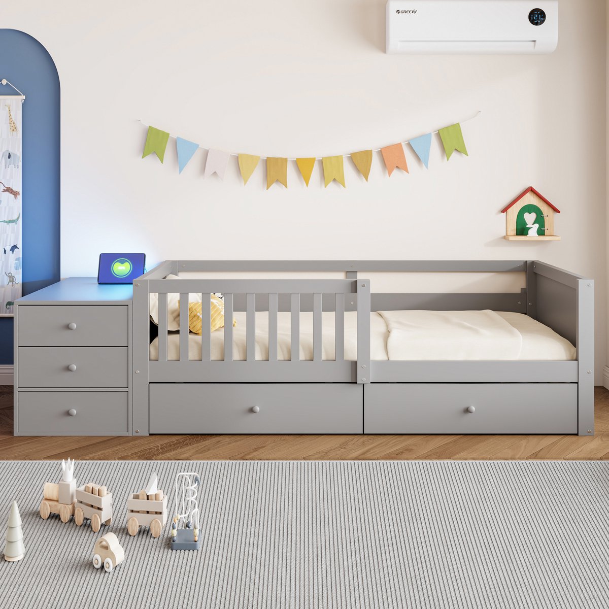 VVBV Kinderbed 90x200 cm - Met Bureau, Uitvalbeveiliging, Opbergruimte, Stopcontact - Grijs, Hout