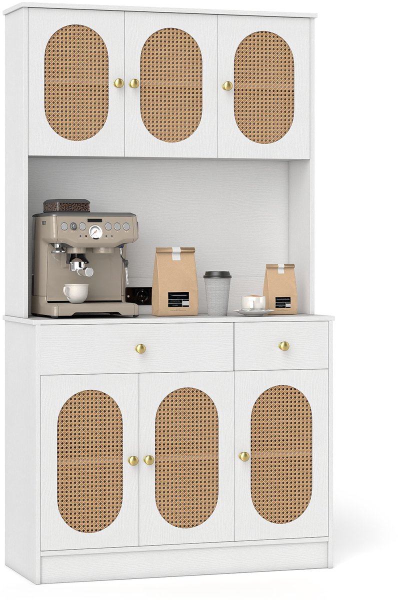 COSTWAY Keukenkast met 2 stopcontacten en 2 USB, rotan deuren, wit