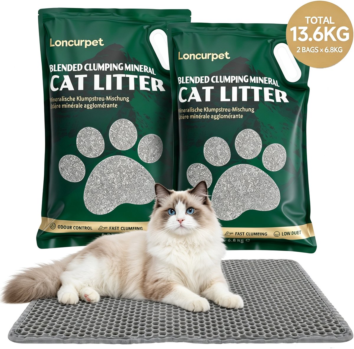 Loncurpet - Kattenbakvulling - Met Kattenbakmat - Kattengrind - 2 x 6,8kg - Natuurlijk Ruw Erts Gemengd - Snelle Absorptie - Plakt Niet aan de Bodem - Langdurige Geurcontrole