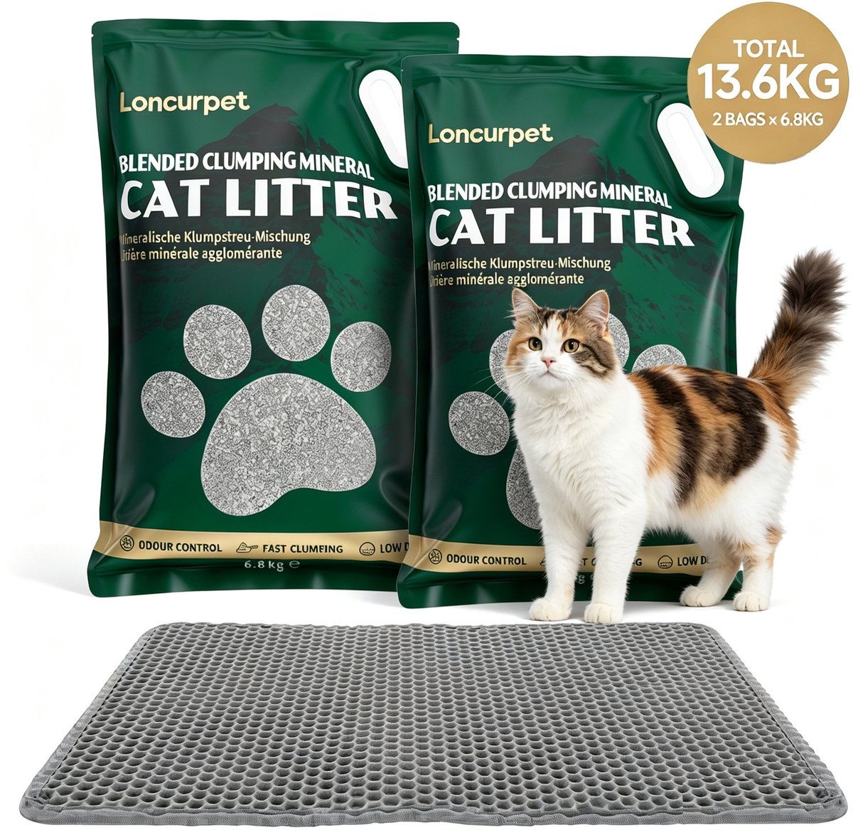 Loncurpet - Kattenbakvulling - Met Kattenbakmat - Natuurlijk Ruw Erts Gemengd Kattenzand - 2 x 6,8kg - Hoge Absorptie - Stevige Klontvorming - 100% Stofvrij - Natuurlijke Geurneutralisatie