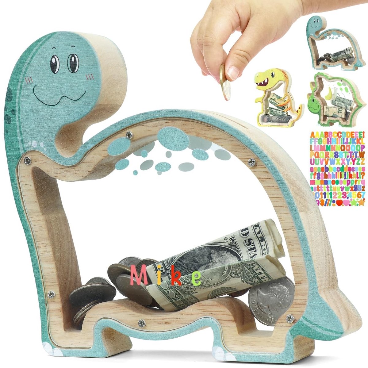 SolidKeus - Houten Spaarpot Dinosaurus met Transparante Deksel en Stickers