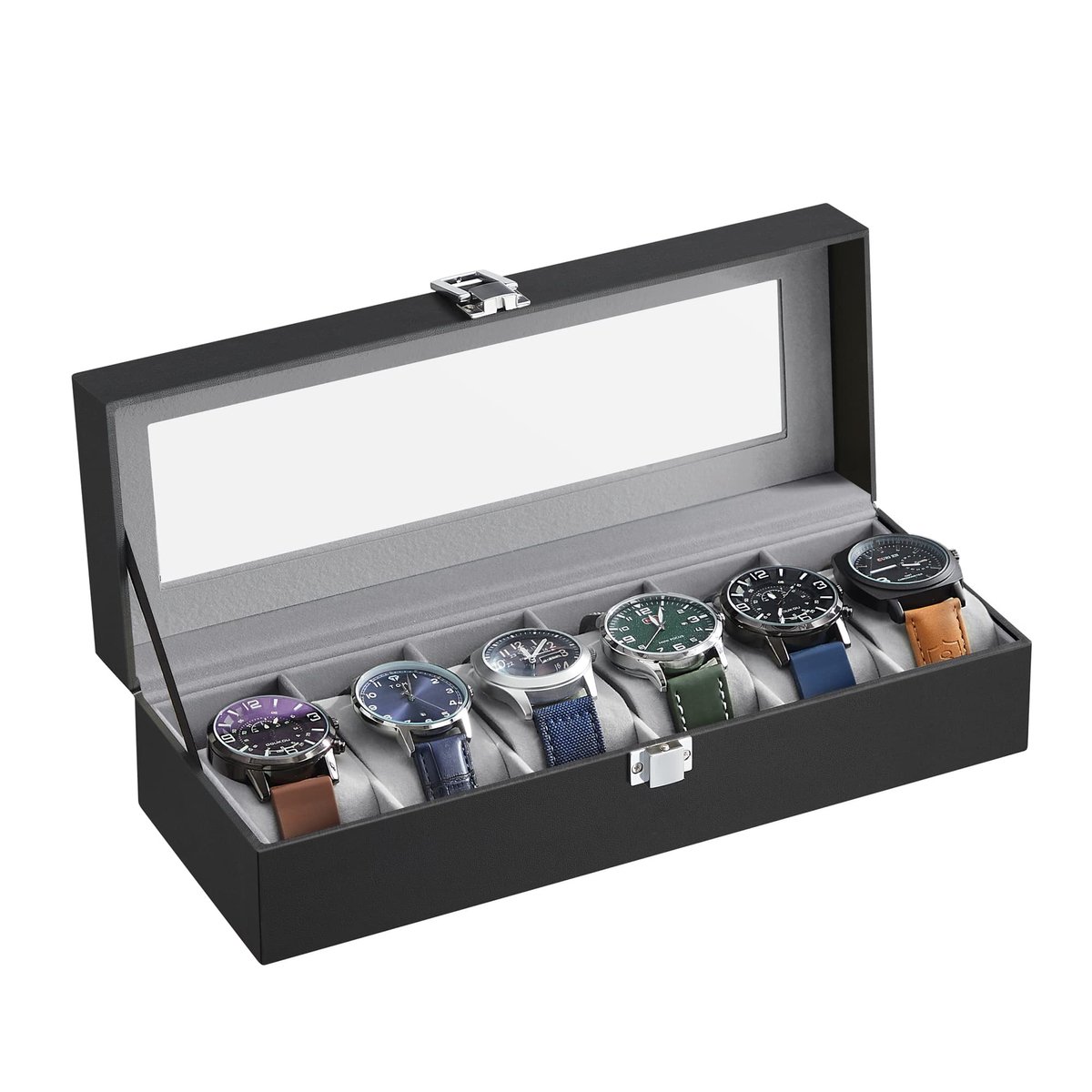 Horlogedoos met 6 Vakken - Horloge Organizer met Glazen Deksel - Opbergkoffer met Uitneembare Kussens - Metalen Slot - Luxe Bewaarbox voor Horloges & Accessoires