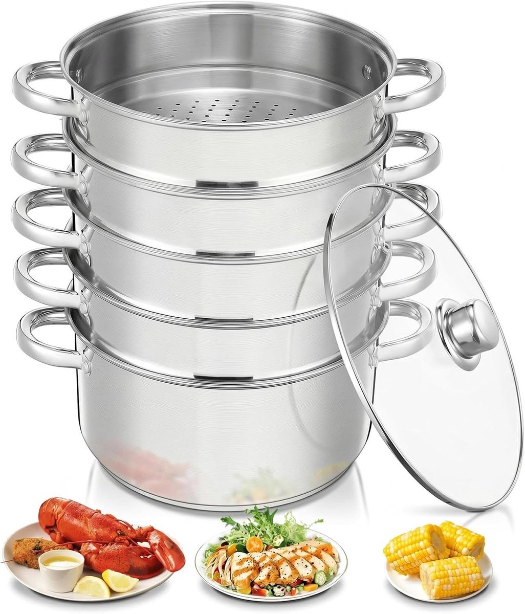 Stoomkoker - Zilver - 26 cm - Roestvrijstalen Stoompan met Glazen Deksel - Voor Gezinsmaaltijden