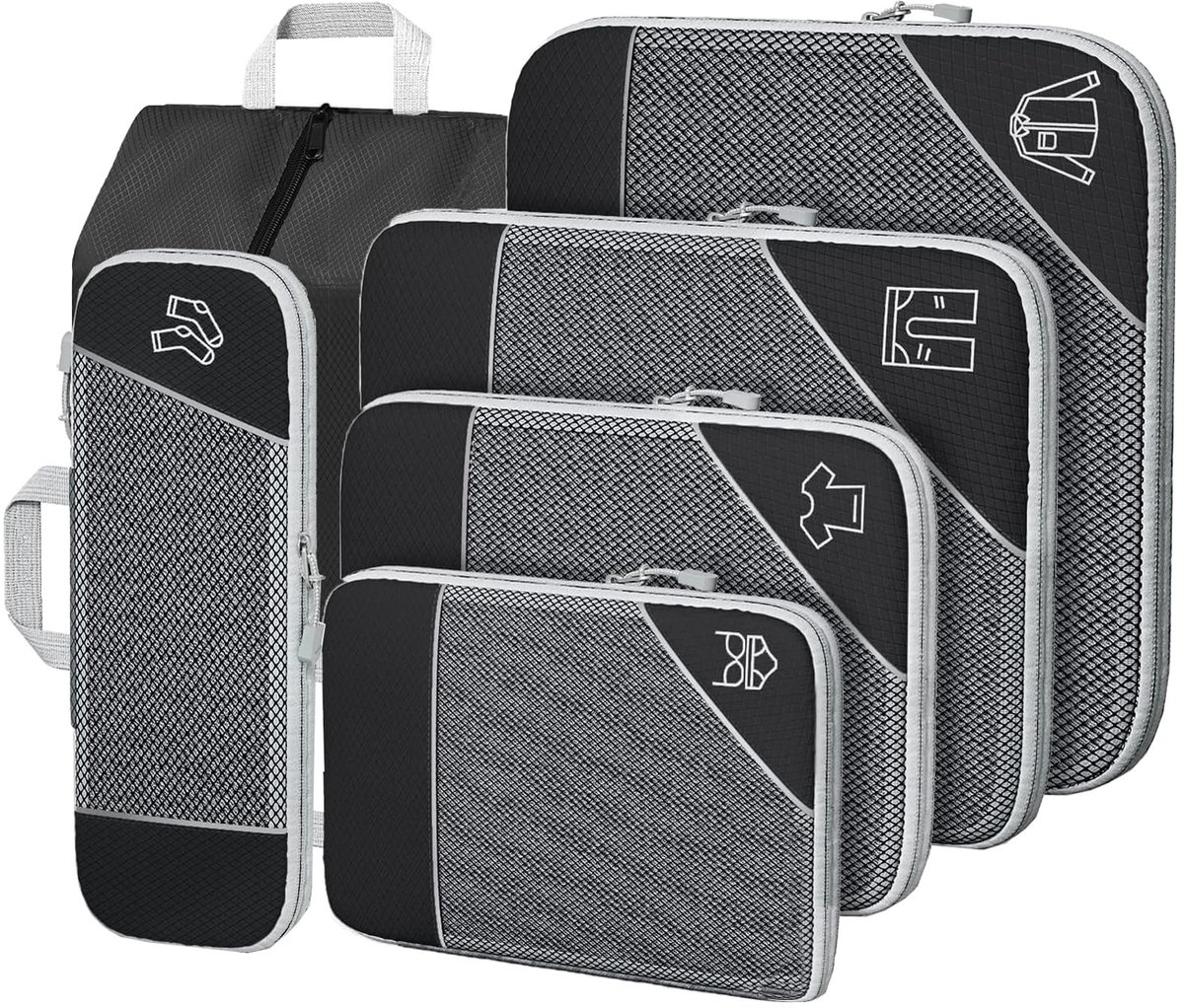 6-delige Compressie Packing Cubes Set - Uitschuifbare Ultra Lichtgewicht Koffer Organizers - Reis Opbergzakken voor Koffers, Rugzakken & Kleding - Ruimtebesparende Reis Organizer Set - Zwart