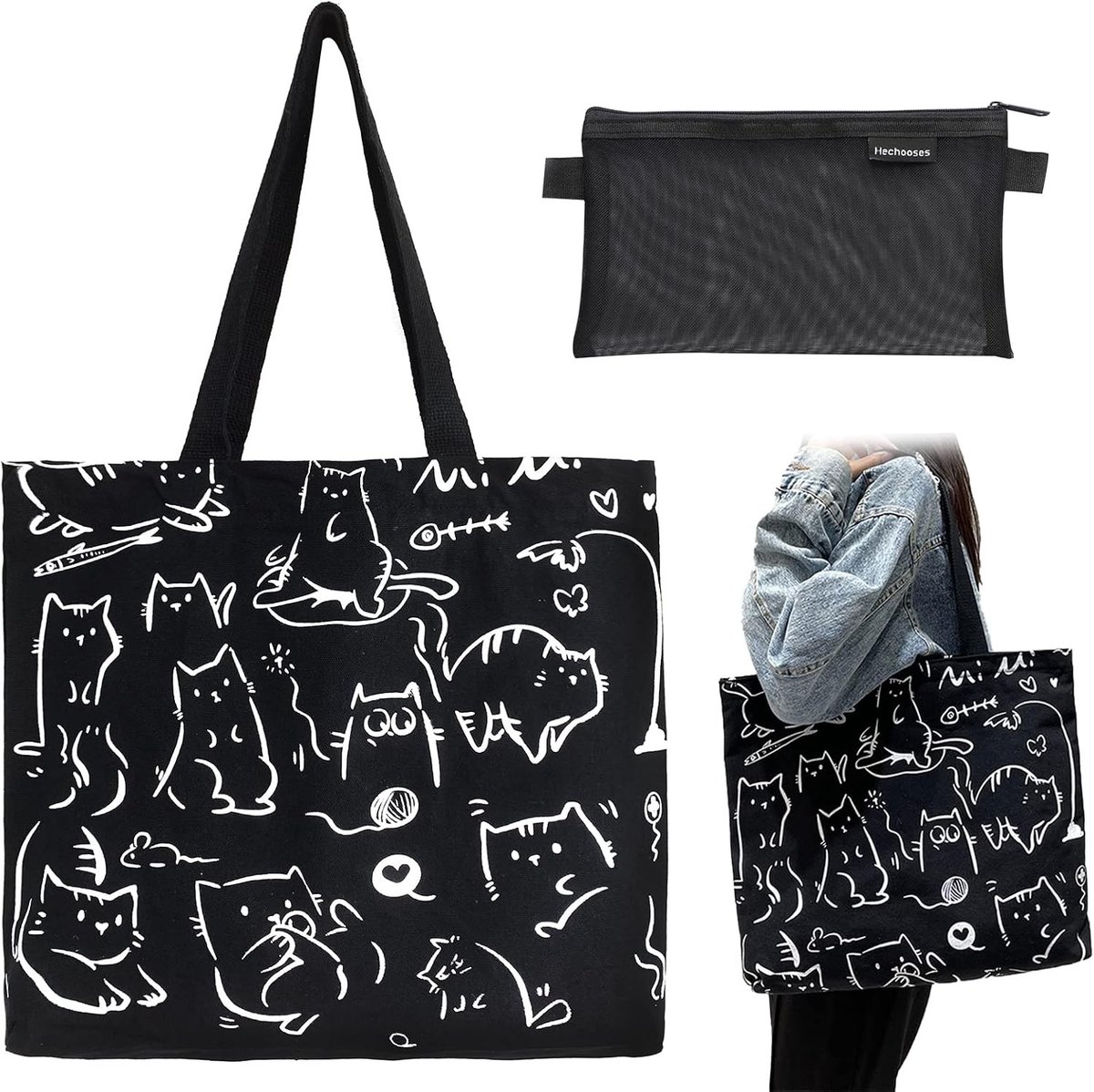 Leuke Herbruikbare Grote Cat Tote Bag van Canvas met Rits en Vakken, Ideaal voor Winkel en Cadeaus voor Kattenliefhebbers