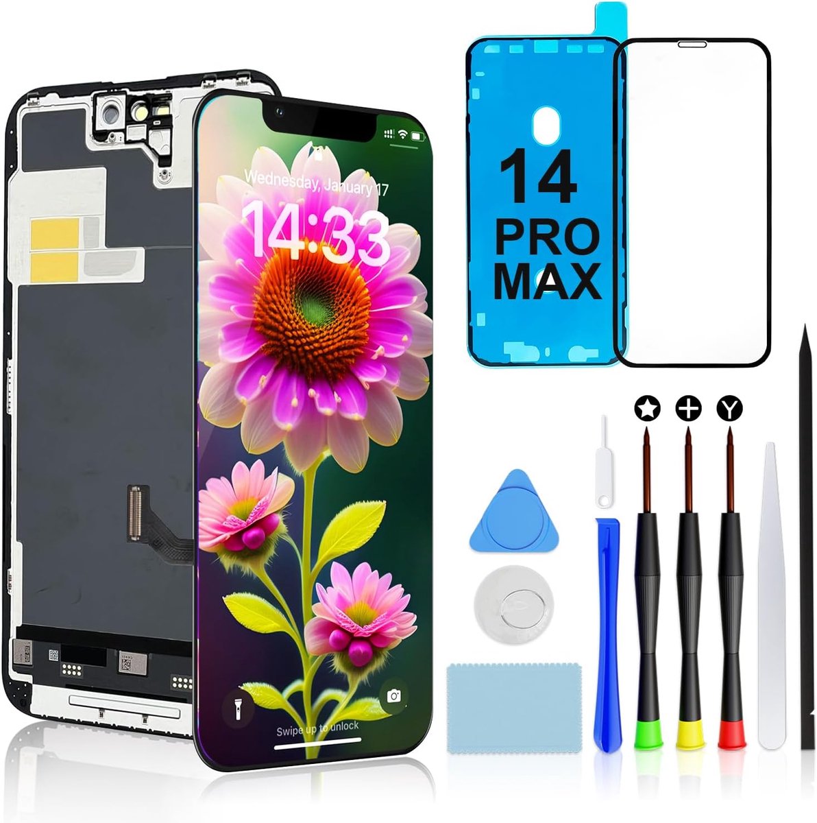 Display voor iPhone 14 Pro Max 6,7 inch FHD COF LCD vervanging touchscreen montage | FHD-Retina-display, vloeibare aanraking, Face ID en zonnebrillen geschikt, incl. kit, gehard glas en waterdichte afdichting