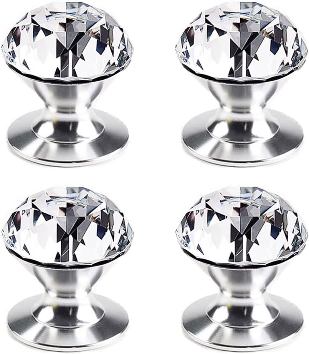 4 stuks zelfklevende kristallen knoppen van aluminium meubelknoppen, zelfklevende handgreep om op te plakken, knoppen voor kast, glas, schuifdeur, lade, heldere kristallen handgrepen, zilveren
