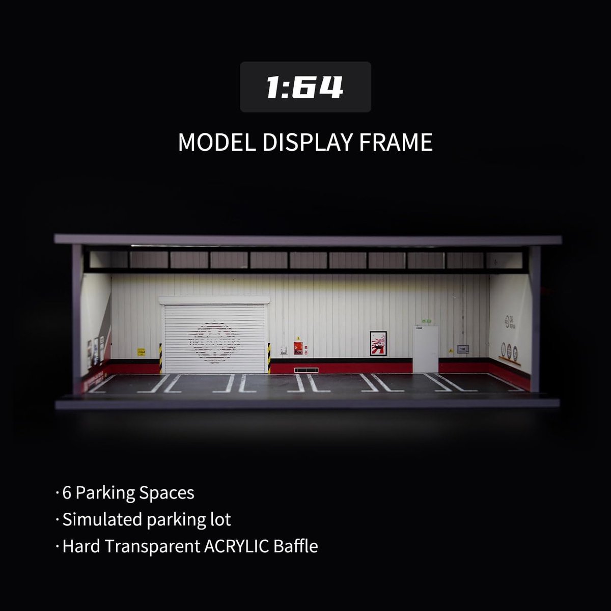 1/64 Diorama Auto Garage - Model met LED-verlichting & Acrylafdekking – Parkeerplaats Scène Displaycase voor Diecast-modelauto’s – Ideaal voor verzamelaars en als cadeau (Rode lijn)