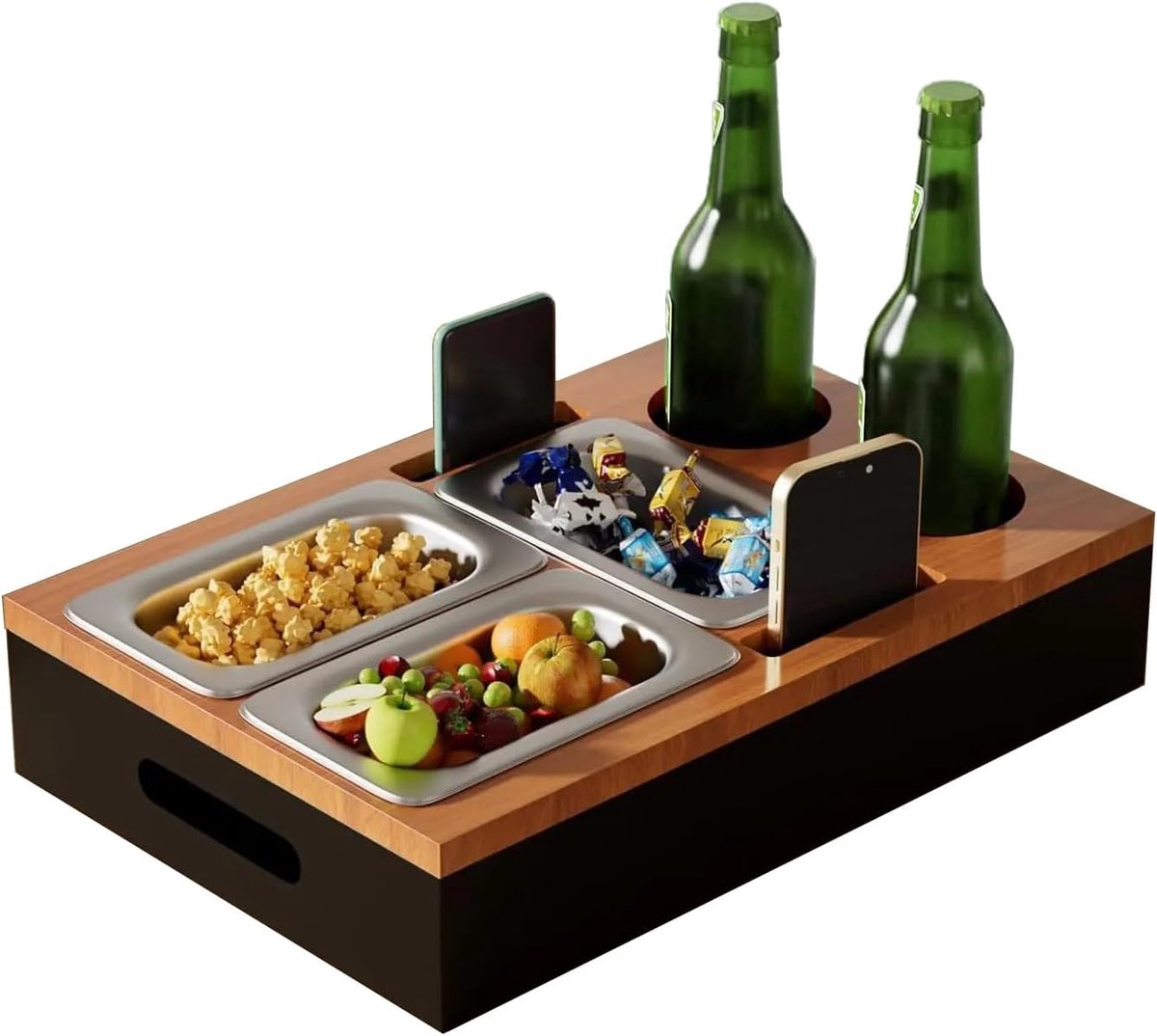 Opbergdoos voor snacks, met snackschaal, drankhouder, afneembaar deksel, bamboe-organizer voor snacks en dranken, houten houder voor woonkamer