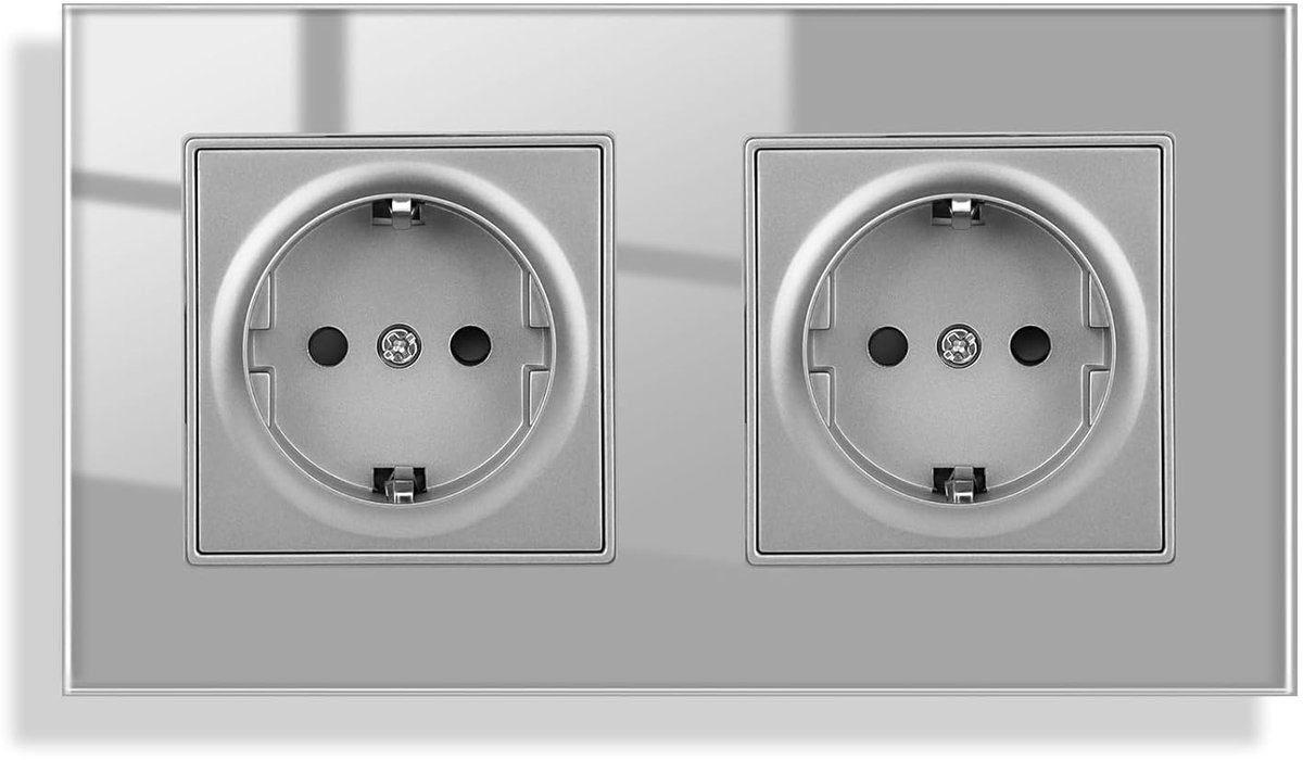 Glazen dubbel inbouwstopcontact, 2-voudig, grijs, 16 ampère, geaard stopcontact, geharde glasplaat, stopcontact, 157 mm x 86 mm, 250 V