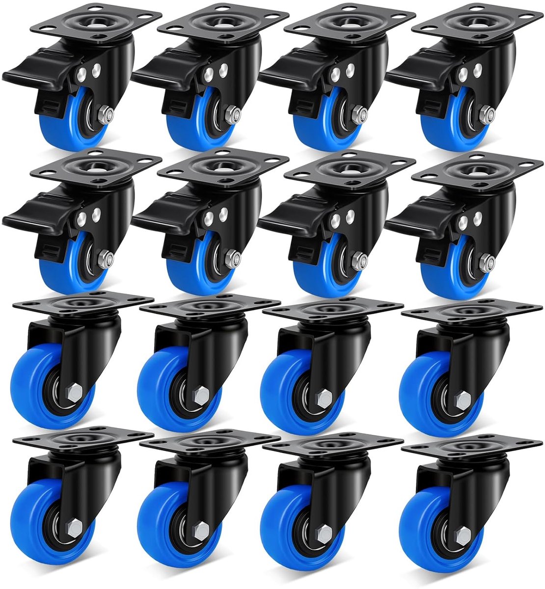 50mm meubelwielen, draagvermogen 68 kg per stuk, 360° draaibare zwenkwielen klein, stil en duurzaam, zware wielen voor meubels, karren, tafels, bureaus, 16-pack (8 met rem + 8 universeel)