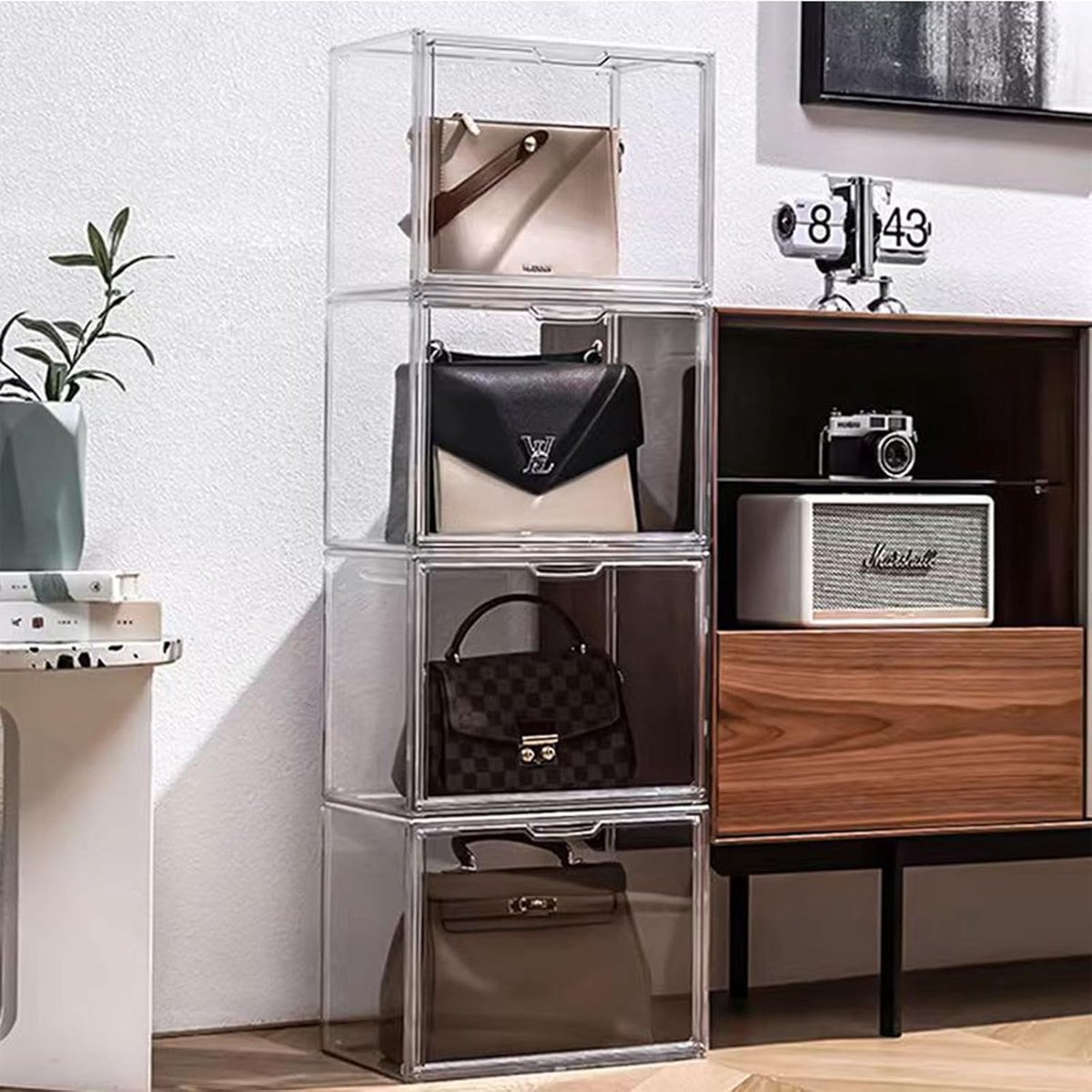 Transparante en stapelbare acryl handtasdoos, met magnetische deur, geschikt voor handtas, schoenen, actiepop, speelgoed, modelcollectie (3 stuks, 36 x 22,5 x 27 cm/14,2 x 8,8 x 10,6 inch)
